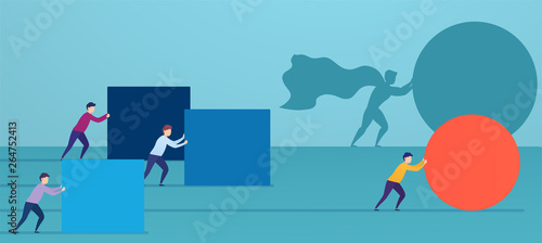 Businessman superhero pushes red sphere, overtaking competitors. Concept of winning strategy, business efficiency, leadership.