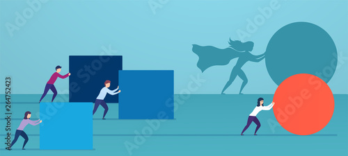 Business woman superhero pushes red sphere, overtaking competitors. Concept of winning strategy, business efficiency, leadership.