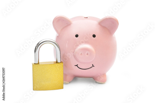 Piggy bank with padlock on white. Protection of savings.