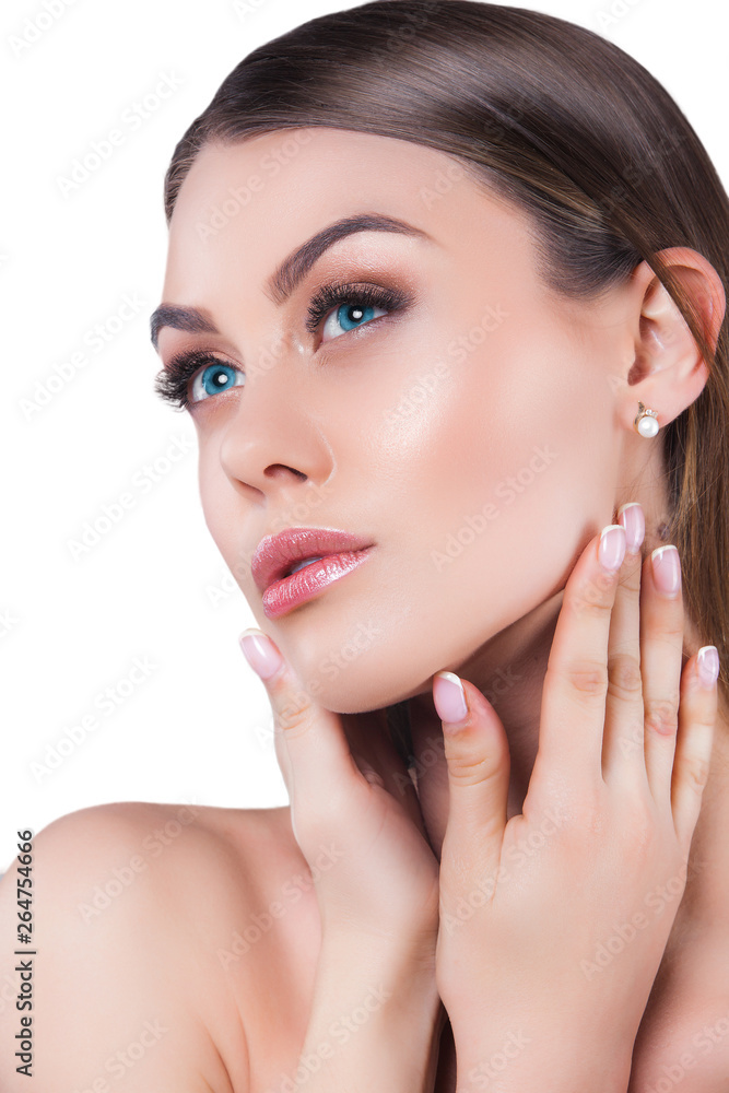 Beauty portrait. Young beautiful blond woman on isolated background. Attractive female on white background. Lady demonstrates makeup Beauty portrait. Young beautiful blond woman on isolated background. Attractive female on white background. Lady demonstrates makeup