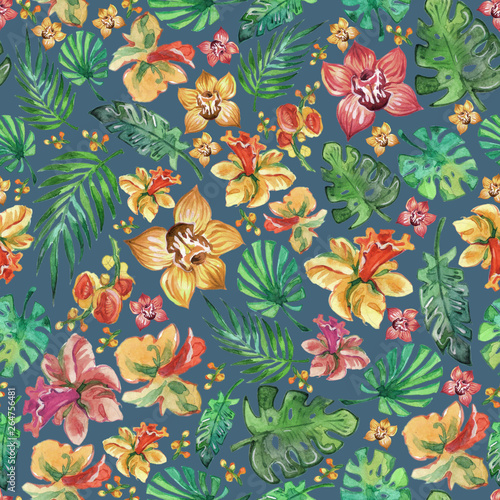 Watercolour tropical flowers and foliage seamless