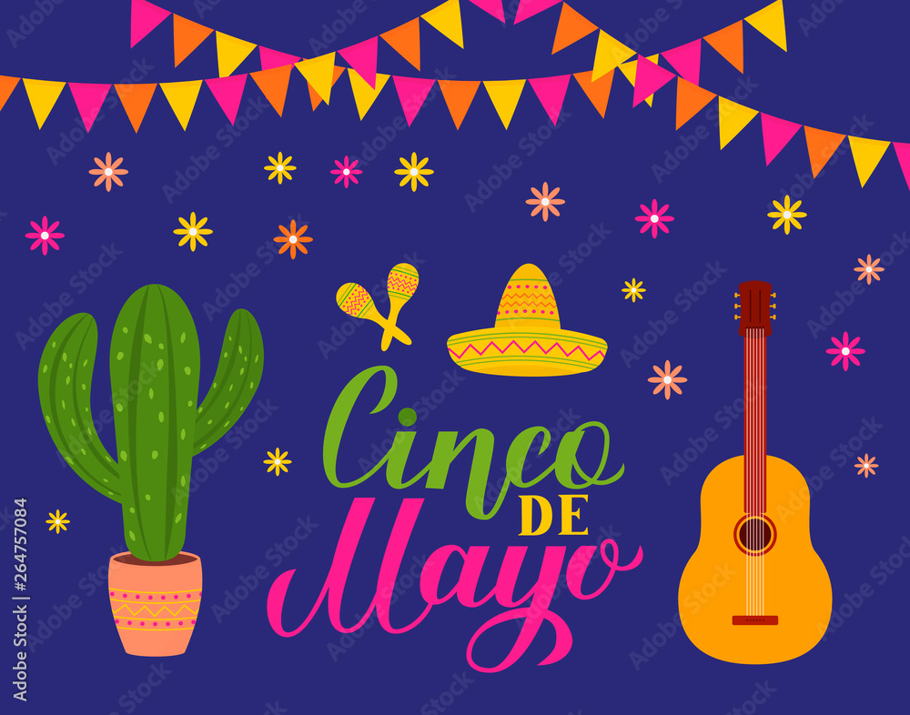 Cinco De Mayo lettering with Sombrero, guitar, cactus and maracas. Mexican fiesta typography poster. Vector template for party invitation, greeting card, banner, poster, flyer, etc. Cinco De Mayo lettering with Sombrero, guitar, cactus and maracas. Mexican fiesta typography poster. Vector template for party invitation, greeting card, banner, poster, flyer, etc.