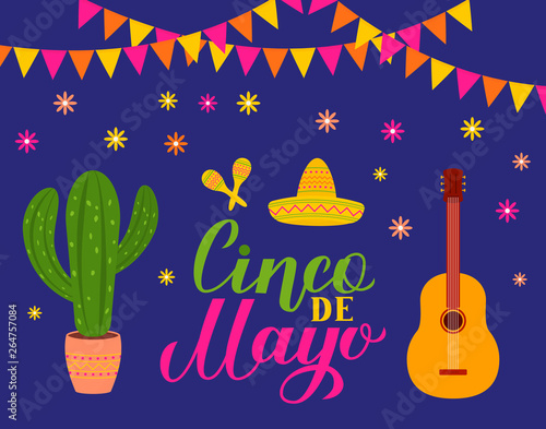 Cinco De Mayo lettering with Sombrero, guitar, cactus and maracas. Mexican fiesta typography poster. Vector template for party invitation, greeting card, banner, poster, flyer, etc.