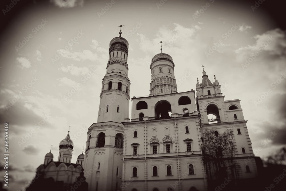 Moscow Kremlin architecture. Vintage style sepia photo.