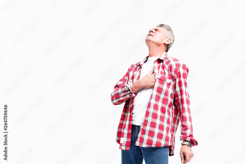 Senior male pain in his chest heart attack at white background! Senior male pain in his chest heart attack at white background!