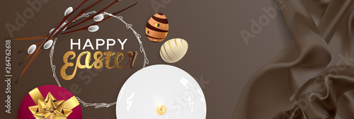 Happy Easter realistic horizontal banner flat lay top view