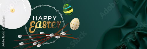 Happy Easter realistic horizontal banner flat lay top view