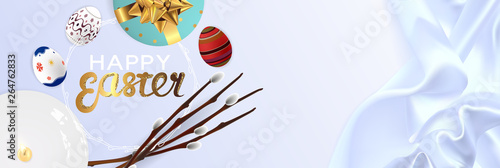 Happy Easter realistic horizontal banner flat lay top view