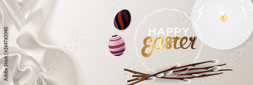 Happy Easter realistic horizontal banner flat lay top view