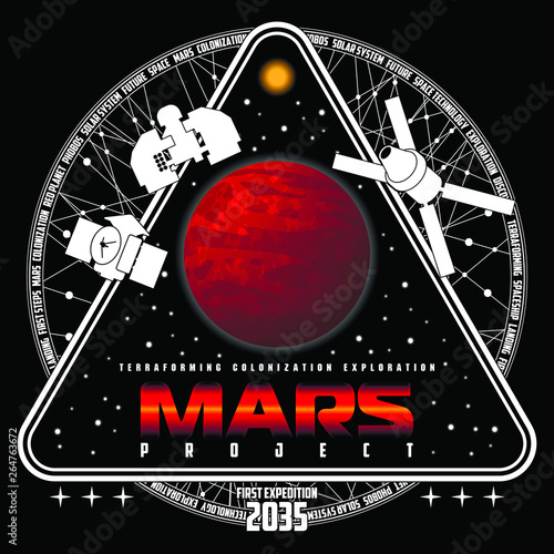 Mission to mars vector logo. Mars planet, space, sun and stars. For decoration, print or advertising. 