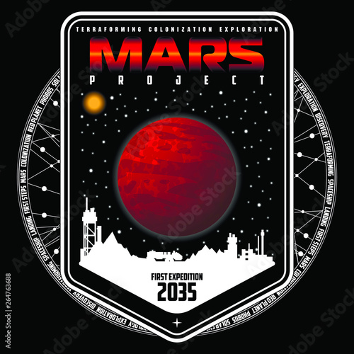 Mission to mars vector logo. Mars planet, space, sun and stars. For decoration, print or advertising. 