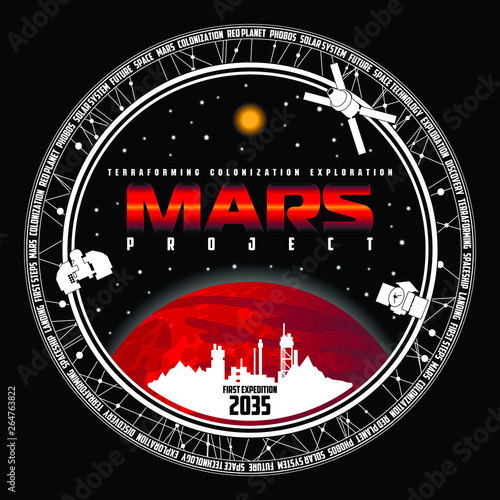 Mission to mars vector logo. Mars planet, space, sun and stars. For decoration, print or advertising. 