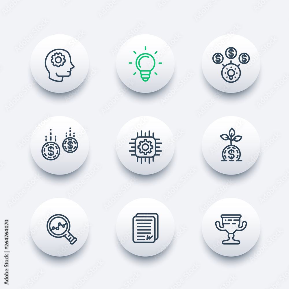 Naklejka premium startup line icons set, creative process, idea, initial capital, funding, innovation, investing, growth, analytics, business success