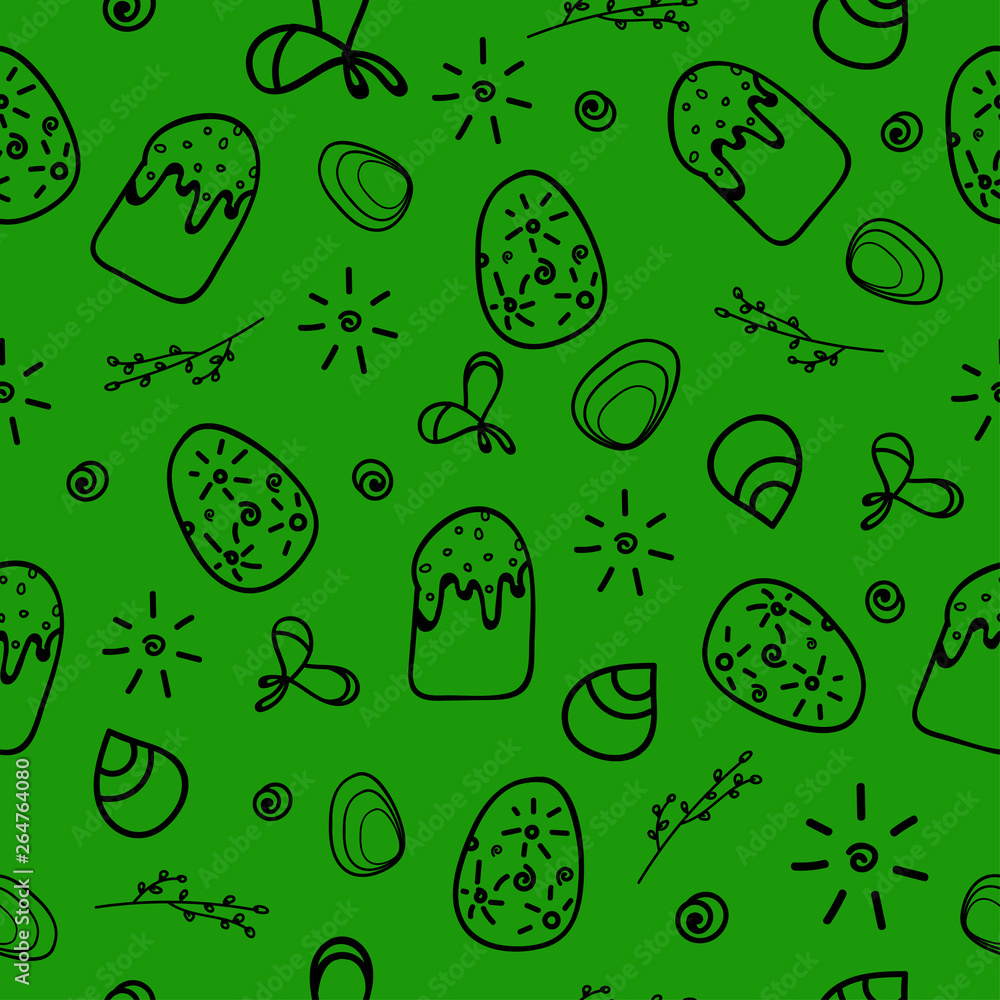 Easter cake, eggs, a willow branch, the sun on an green background. Hand drawn.Easter pattern on the green background. Seamless pattern.Illustration. Easter cake, eggs, a willow branch, the sun on an green background. Hand drawn.Easter pattern on the green background. Seamless pattern.Illustration.