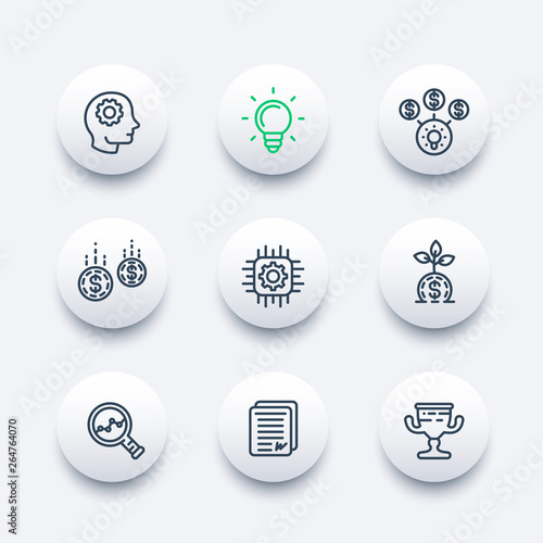 startup line icons set, creative process, idea, initial capital, funding, innovation, investing, growth, analytics, business success