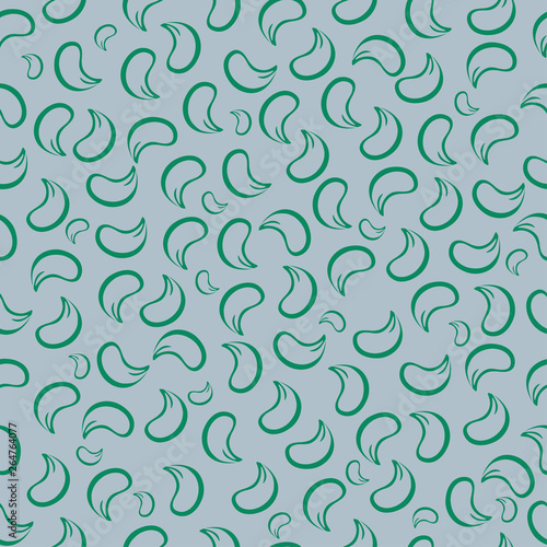 Green leaves in the shape of a paisley with a green stroke on a white background. Falling feathers. Seamless background.
