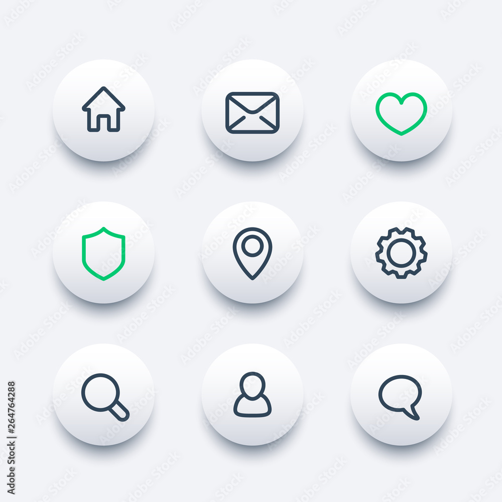 Basic web linear icons set, gear, settings, login, security, favourite, contact us, profile, users, chat, mail Basic web linear icons set, gear, settings, login, security, favourite, contact us, profile, users, chat, mail