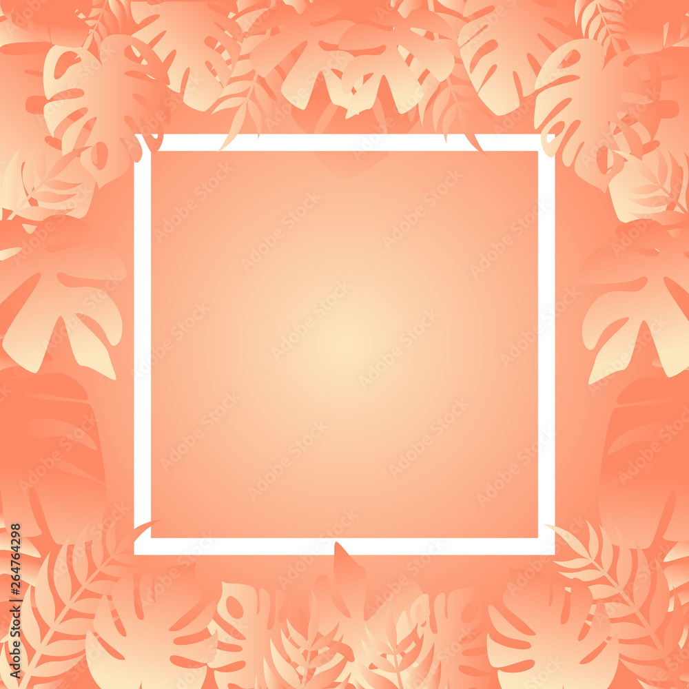 Banner  for sale text  in pink tones. Peach background. Tropical plants. .Procurement for Advertisement. Frame for the title.Iillustration.