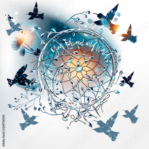 Obraz Artystyczna ilustracja, łapacz snów boho, kolibry i kwiaty mniszka lekarskiego