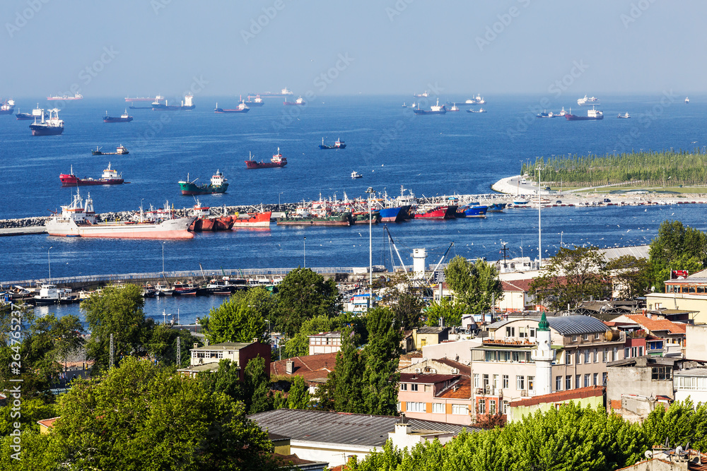 View on trading vessels standing on the raid  in the Sea of Marmara, Istanbul, Turkey