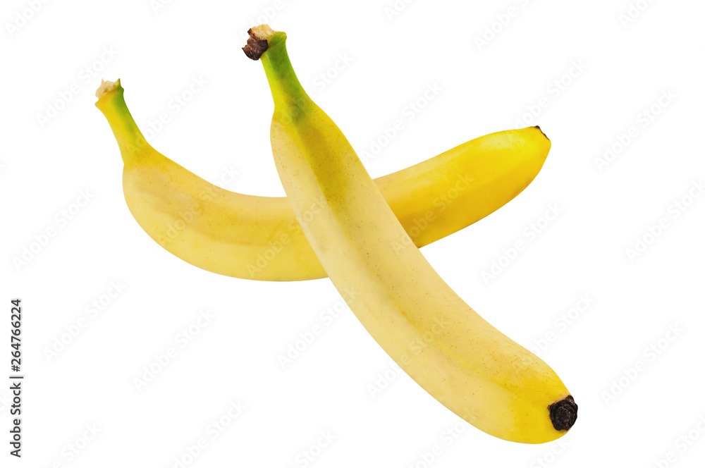 Two fresh whole bananas isolated on white background without shadow