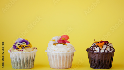 set of delicious cupcakes with different fillings and cream. Three muffin's with cream