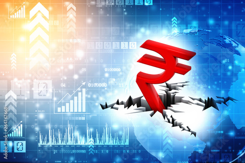 Indian Rupee crisis concept, Red Indian Rupee Symbol Down to Ground. 3D rendering isolated on stock market background 