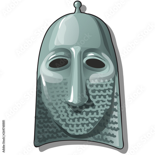 Slavic warrior hat or helmet with hauberk or chain armour isolated on white background. Vector cartoon close-up illustration.