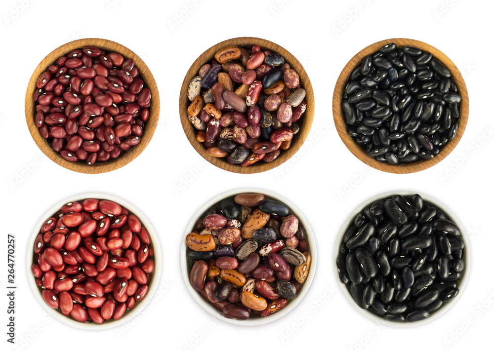 Set of Kidney beans isolated on white background. Top view. Kidney beans in a bowl isolated on white background. Kidney beans with copy space for text Set of Kidney beans isolated on white background. Top view. Kidney beans in a bowl isolated on white background. Kidney beans with copy space for text