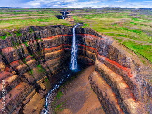 Aerial view Icelandic summer landscape of the Aldeyjarfoss waterfall in north Iceland. The waterfall is situated in the northern part of the Sprengisandur Road within the Highlands of Iceland. photo