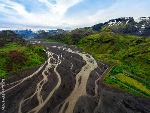 The beautiful unique aerial view landscape of Thorsmork in highland of Iceland. photo