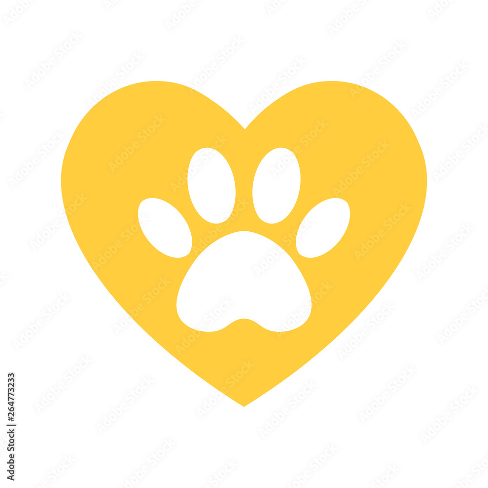 The dog's track in the yellow heart. cat and dog paw print inside heart The dog's track in the yellow heart. cat and dog paw print inside heart
