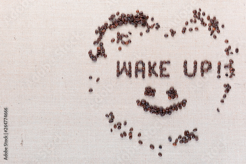 Wake up smile sign on linea texture aligned right.