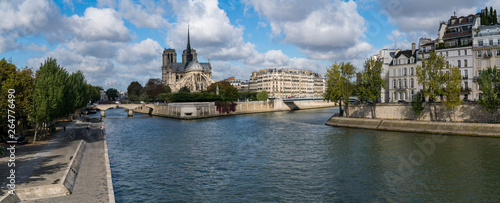 The river Seine and the medieval catholic cathedral Notre Dame in Paris, France.