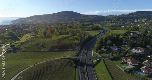 Vineyard and highway in Blonay - Aerial 4K photo