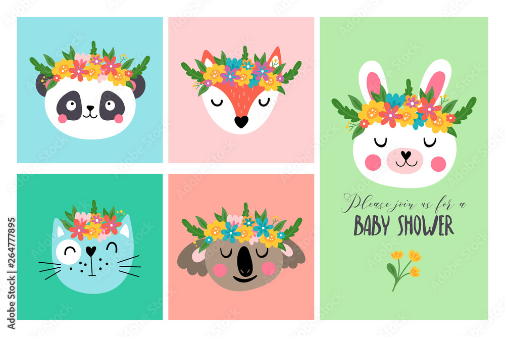 Cute animals heads with flowers set.