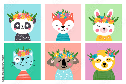 Cute animals heads with flowers set.