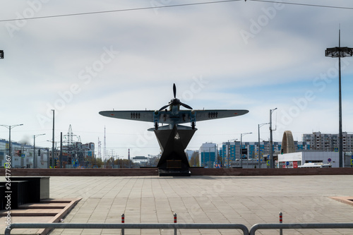 world war 2 airplane il-2 monument during sunny spring day in Samara, Russia photo