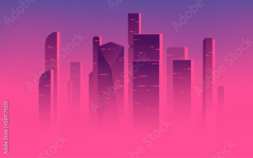 Minimalist vector illustration of a skyscrapers above the clouds, city highrises in a misty fog photo
