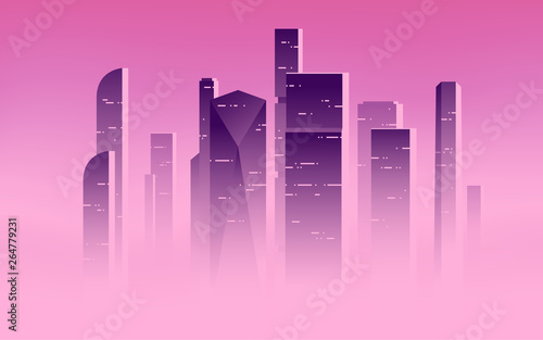 Minimalist vector illustration of a skyscrapers above the clouds, city highrises in a misty fog