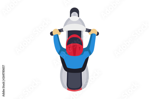 Сolor sport motorcycle with rider wearing racing suit and helmet top view 