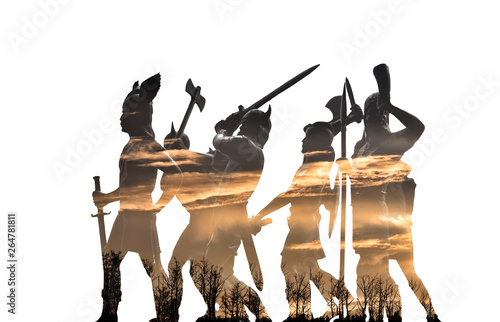 Ghostly silhouettes of Old Norse giant warriors with cloudy sky and trees that can be seen through their bodies, isolated on white, Odin, Valhalla, Asgard and Vikings fantasy themes 