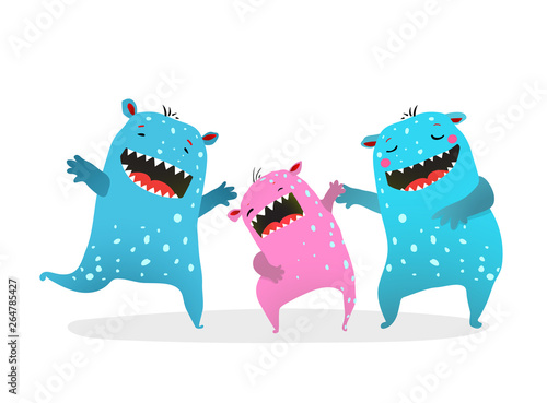 Happy Monster Family Laughing Playing. Cute Family of Kids Monsters Playing Laughing son mother and father.
