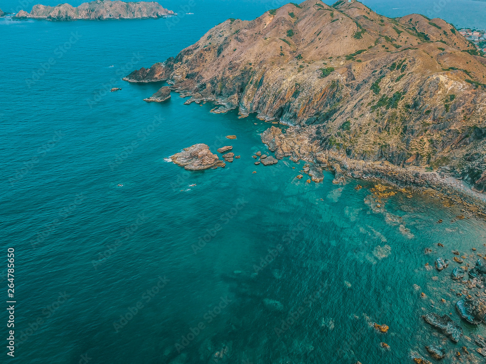 Amazing blue ocean and rocks in Eo Gio, Quy Nhon, Binh Dinh, Vietnam. Top view from Drone.