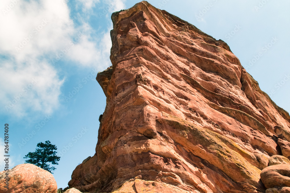 Red Rocks near Denver, Colorado USA. Lonely Pine tree at foothills of the Rocky Mountains. White clouds blue sky as background.