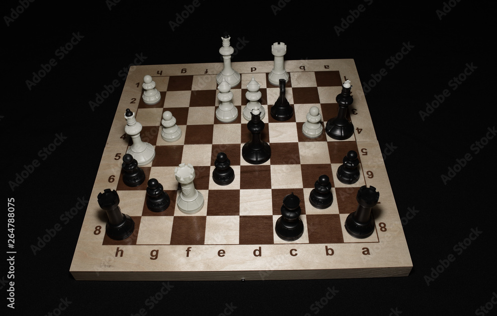 Wooden chess board under white pawns for game concept