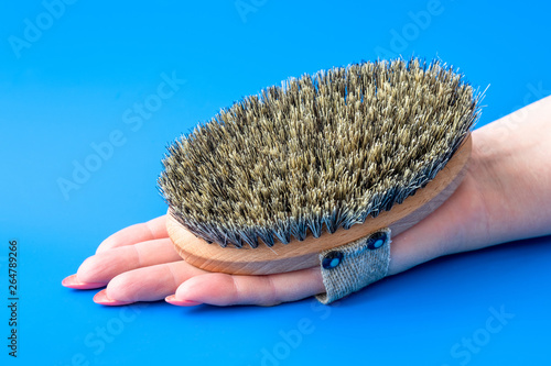 Brush with bristles made of horsehair on female hand