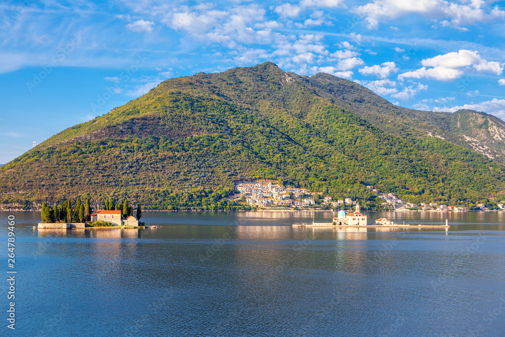 Landscape of Perast Town and islands in Kotor Bay 