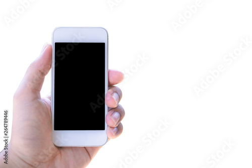 Hand holding smartphone isolated on white background