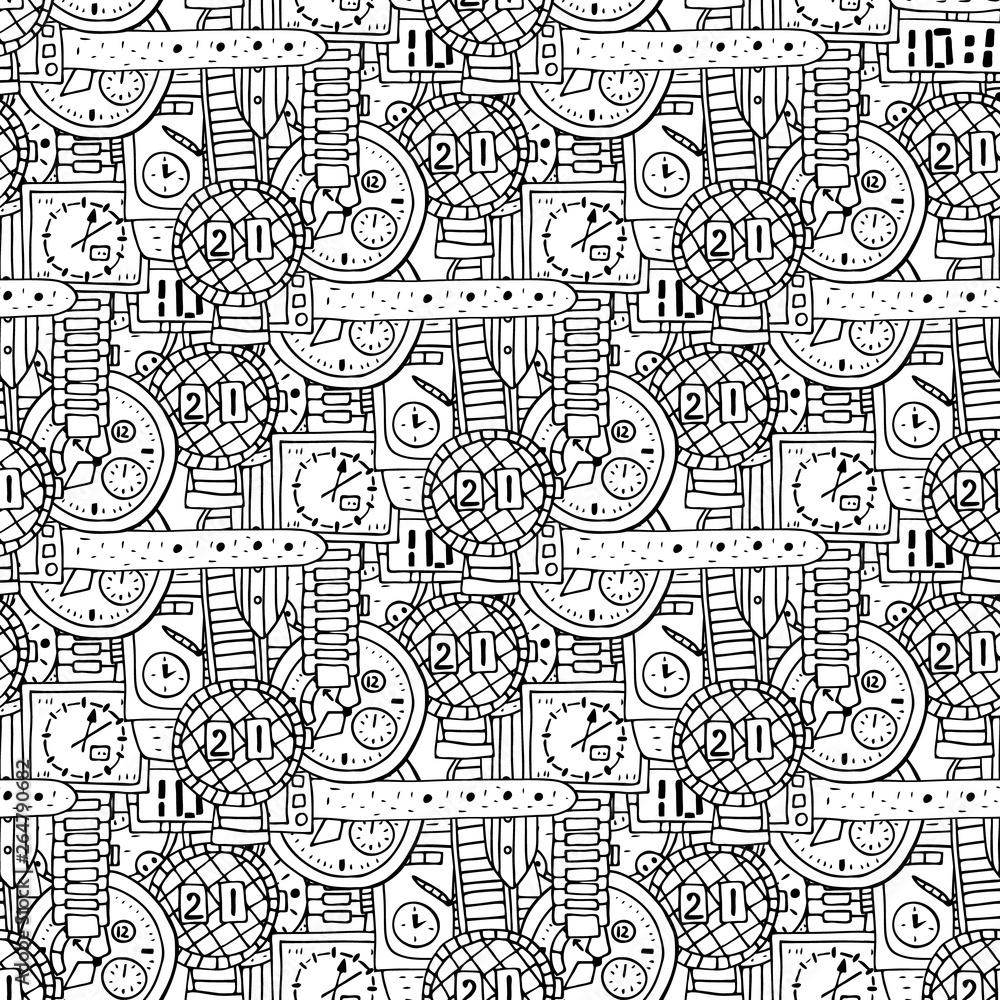 Vector illustration. Seamless pattern of different clocks in Doodle style